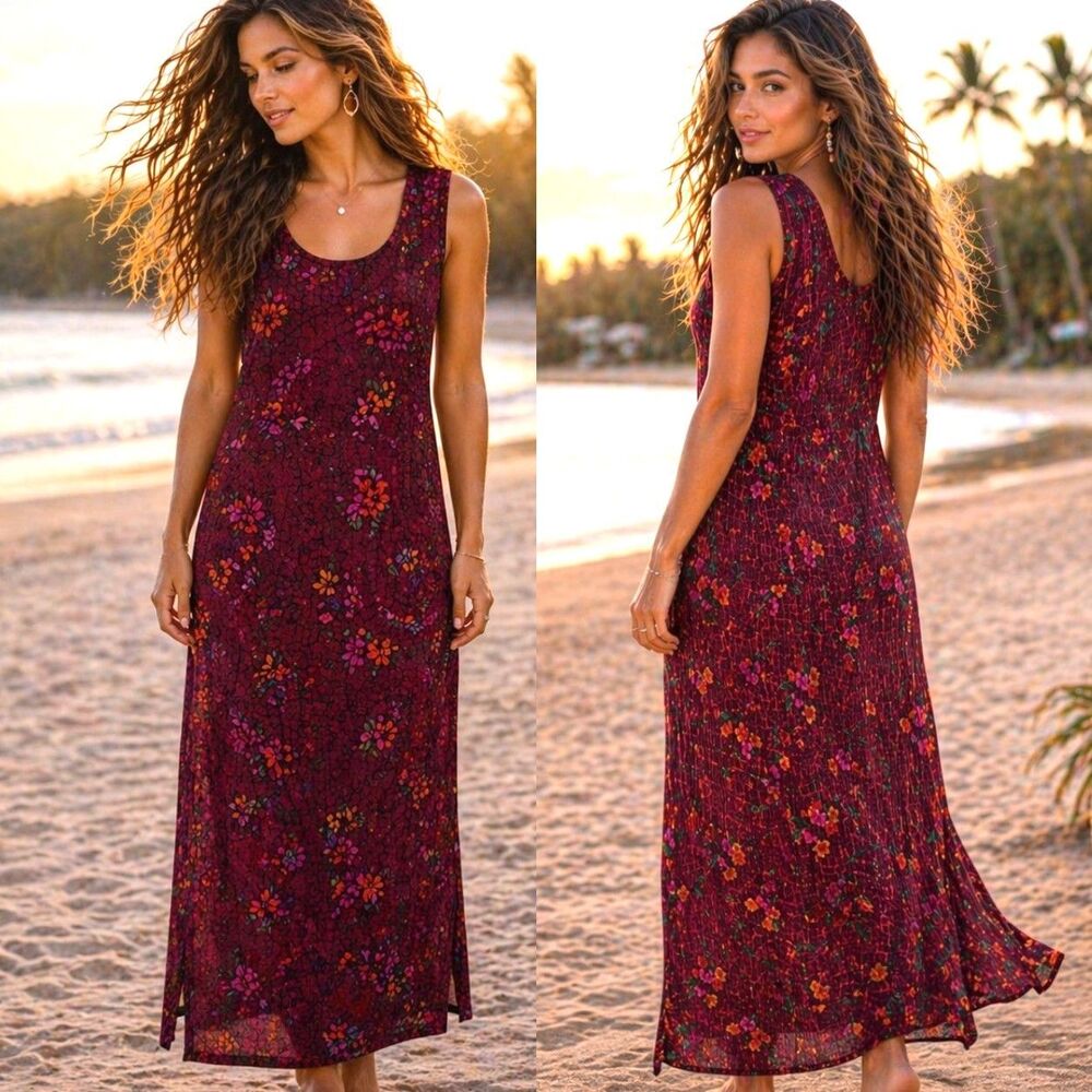 Y2K Gauzy Breezy Coastal 14 R&K Original Floral Maxi Dress Red Sleeveless Resort